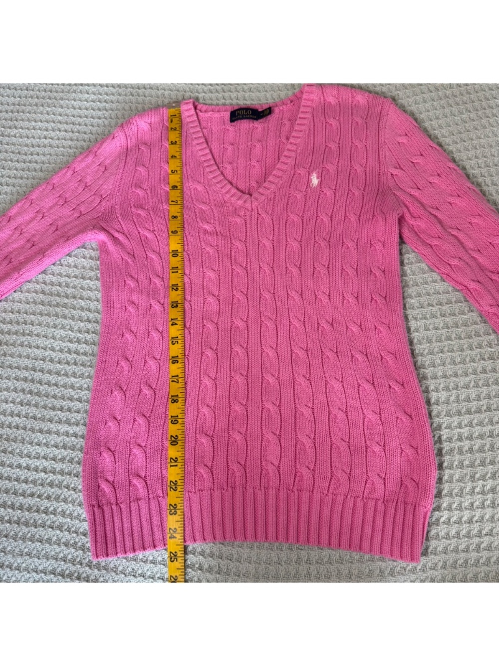 Polo Ralph Lauren V-Neck Cable Knit Sweater Womens Medium Pink Pullover Preppy - Picture 9 of 9